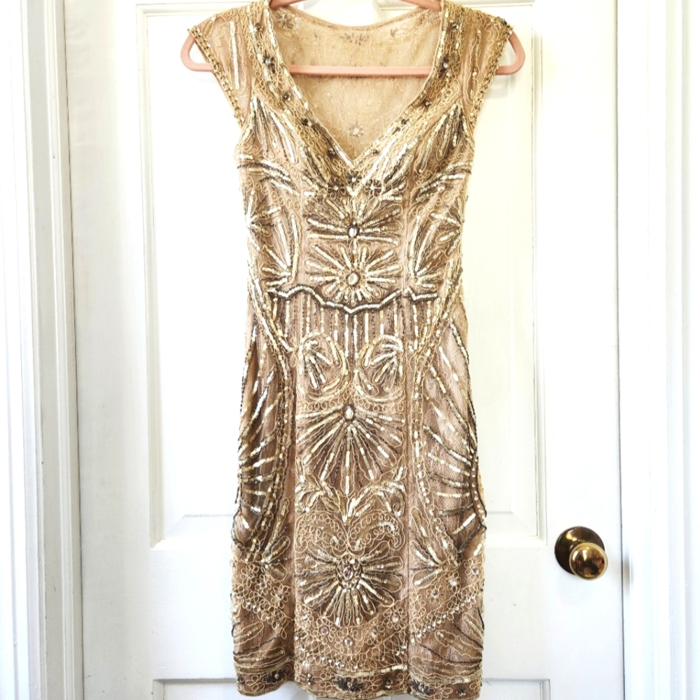 Sue Wong Nocturne Gold Sequin Embroidery Cocktail Evening Dress